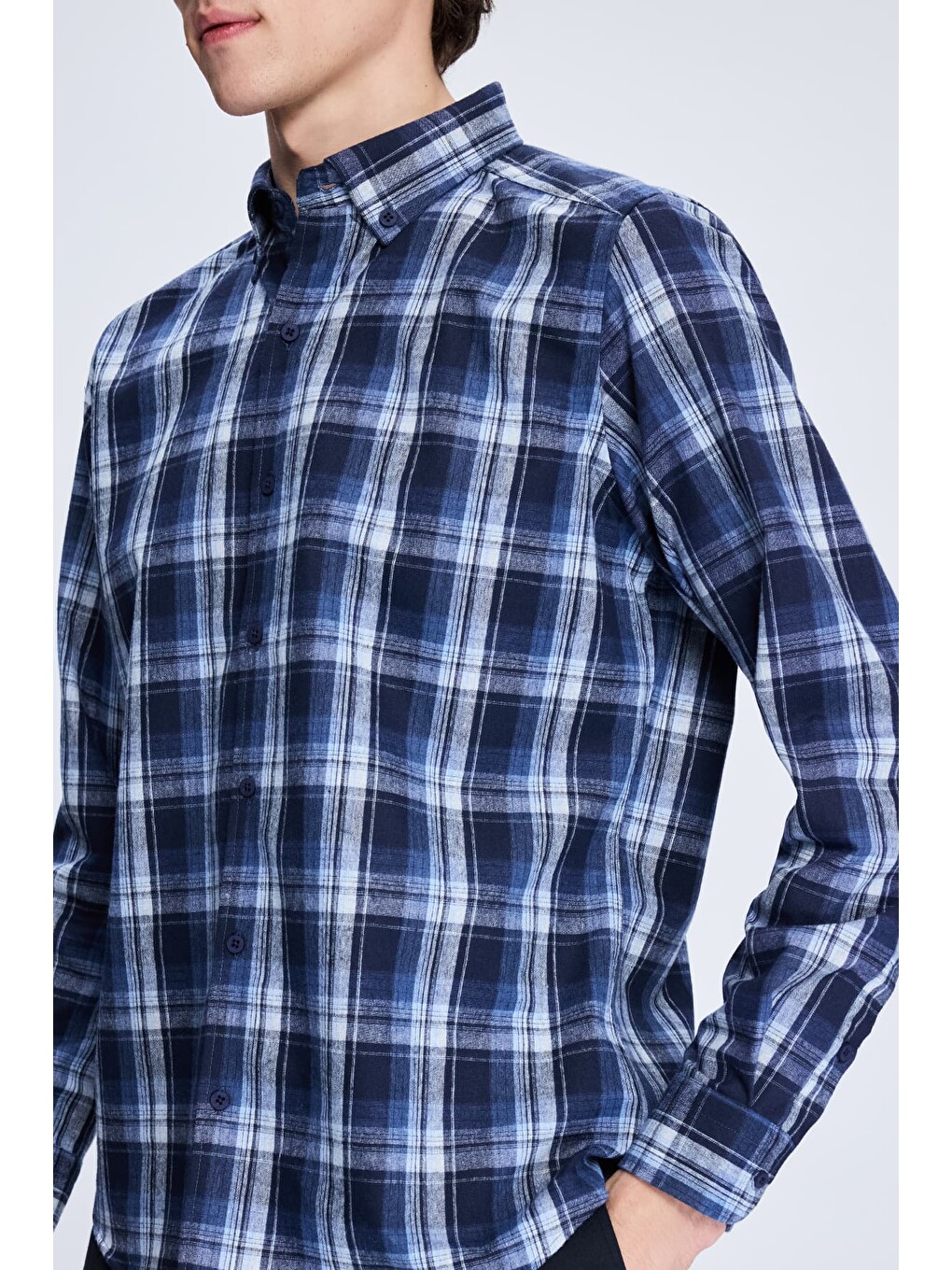 Lacivert Slim Fit Kareli Düğmeli Yaka Uzun Kollu Pamuklu Gömlek-3