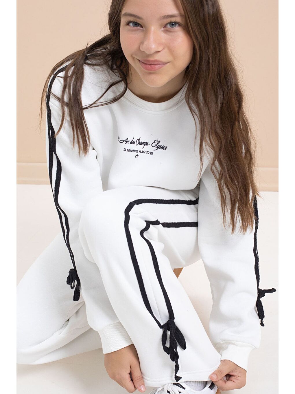 Beyaz Kız Çocuk Şerit Detaylı 3 İplik Şardonlu Takım 21514-4