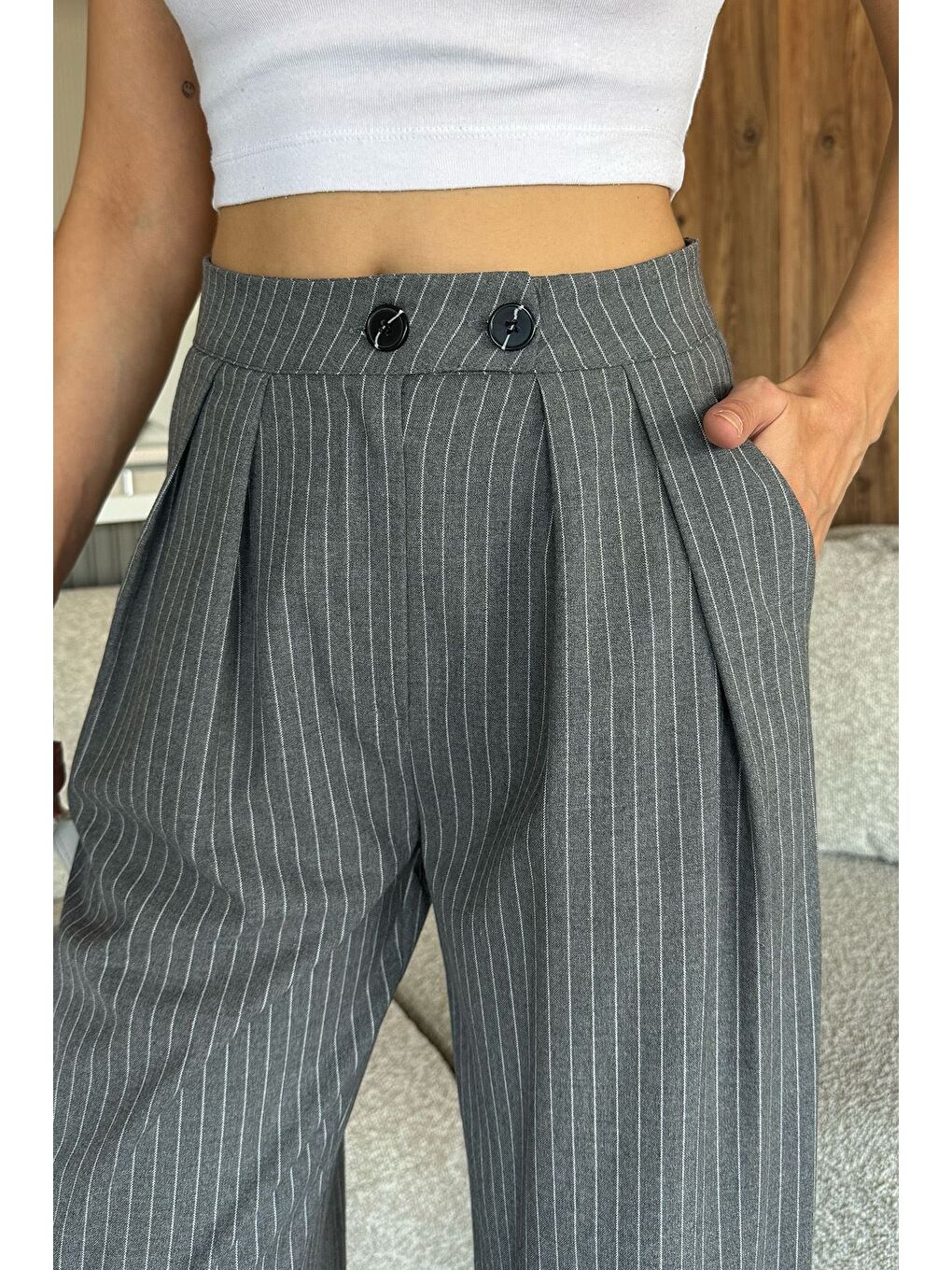 Gri Kadın Çizgili Palazzo Pantolon-3