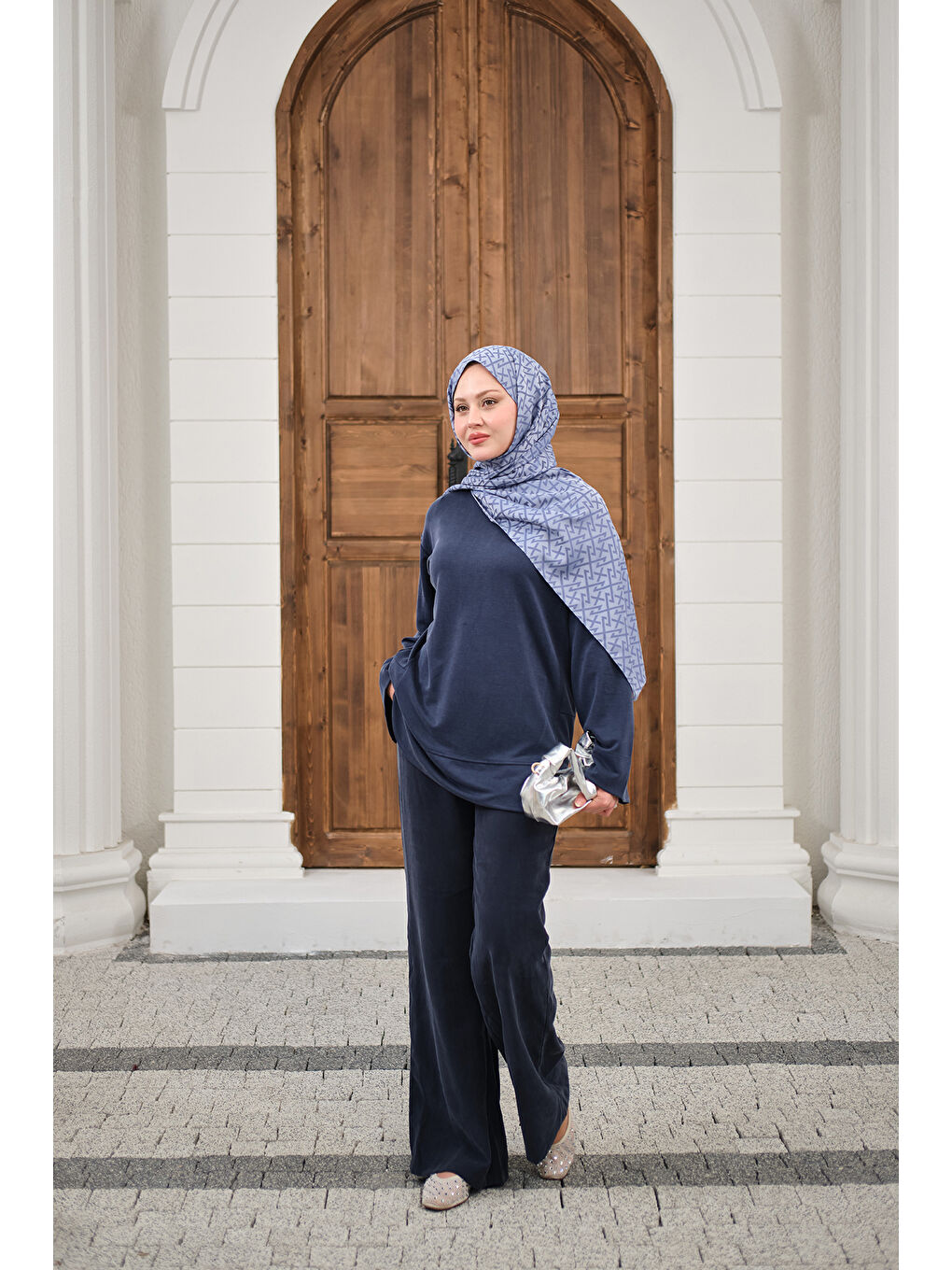 Kadın Önü Çima Detay Bisiklet Yaka Takım İndigo Mavi-1