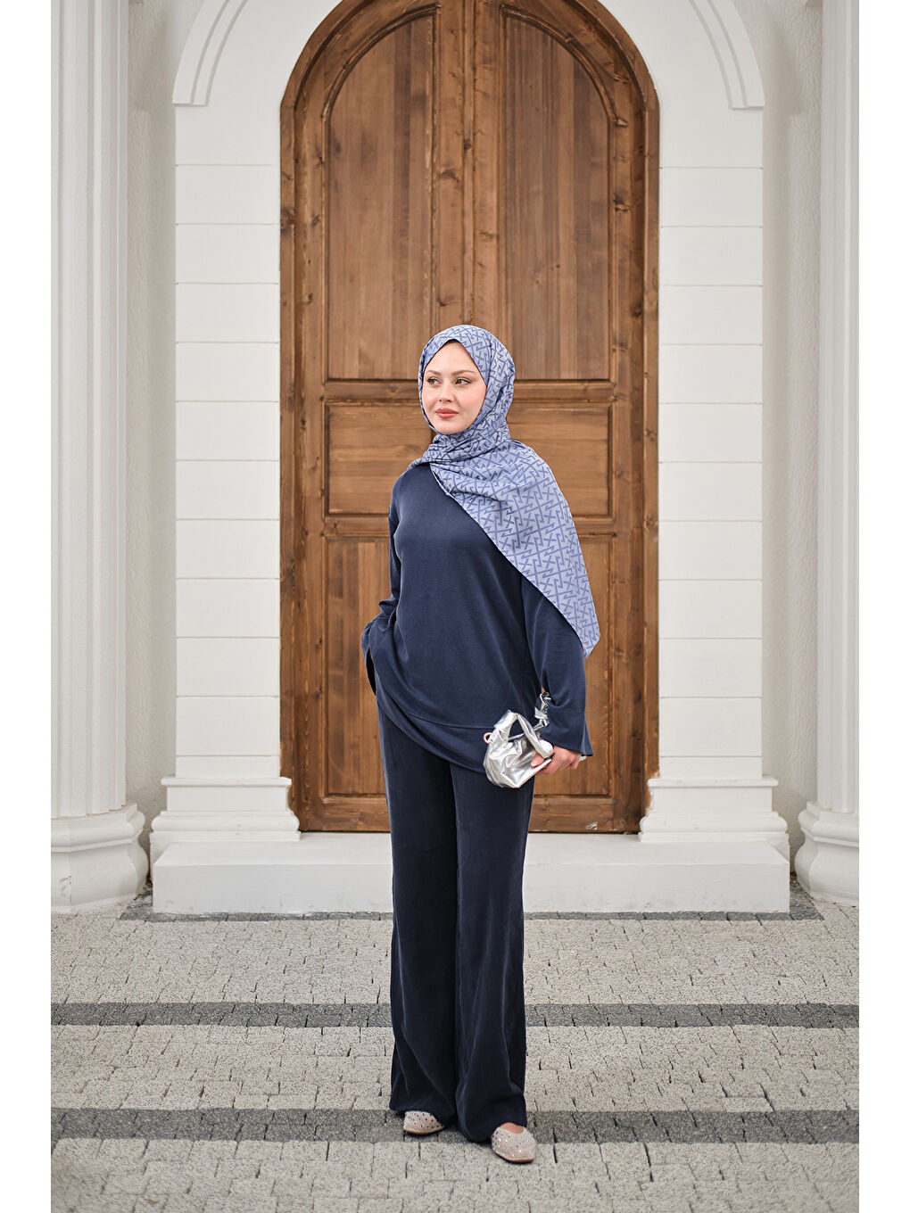 Kadın Önü Çima Detay Bisiklet Yaka Takım İndigo Mavi-2