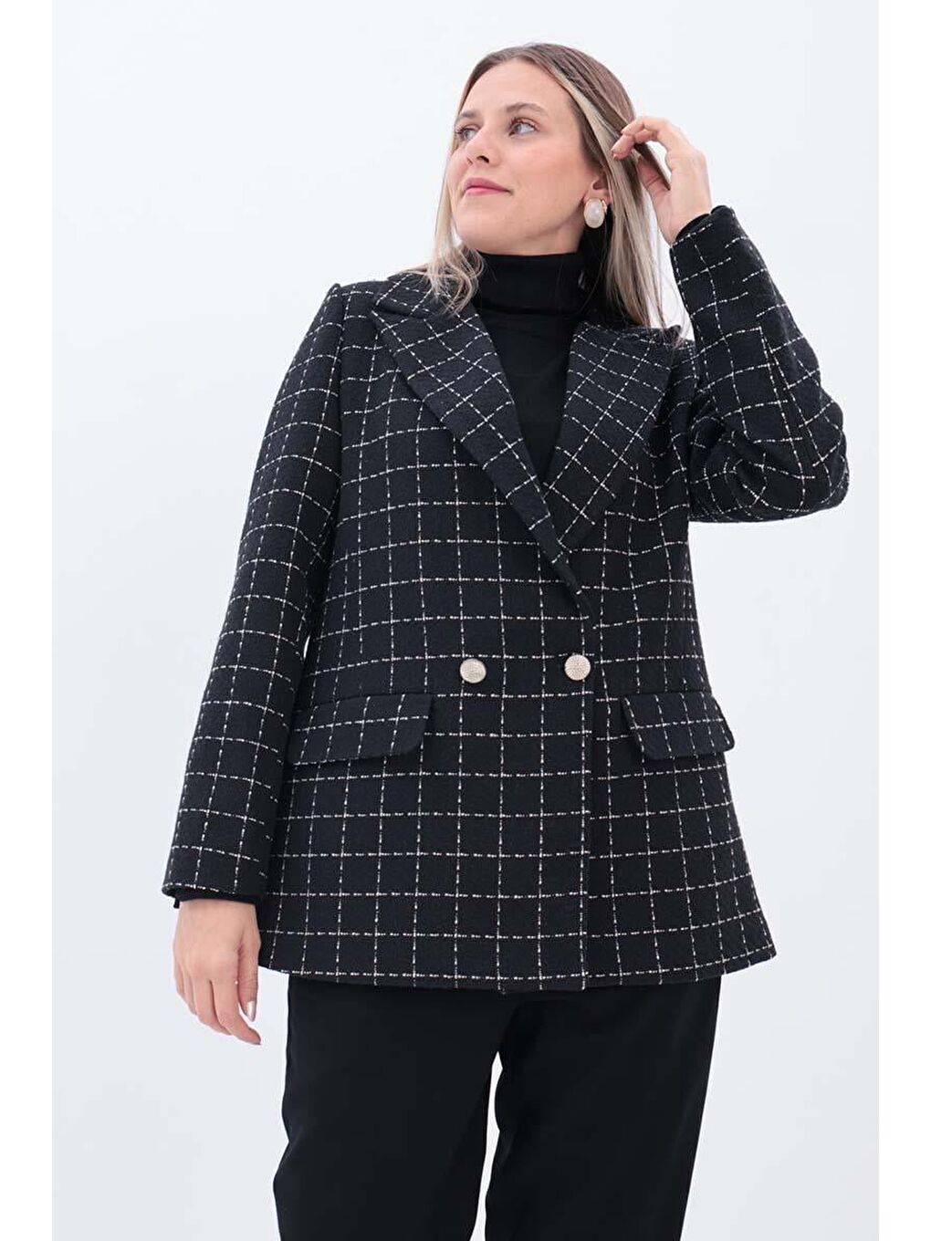 ALLDAY Siyah-Ekru-Simli Tüvit Kumaş Blazer Ceket