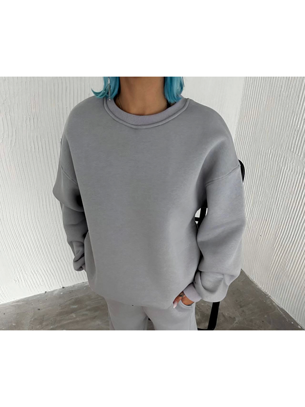 Kışlık Bisiklet Yaka Üç İplik Basic Sweatshirt - Gri-1
