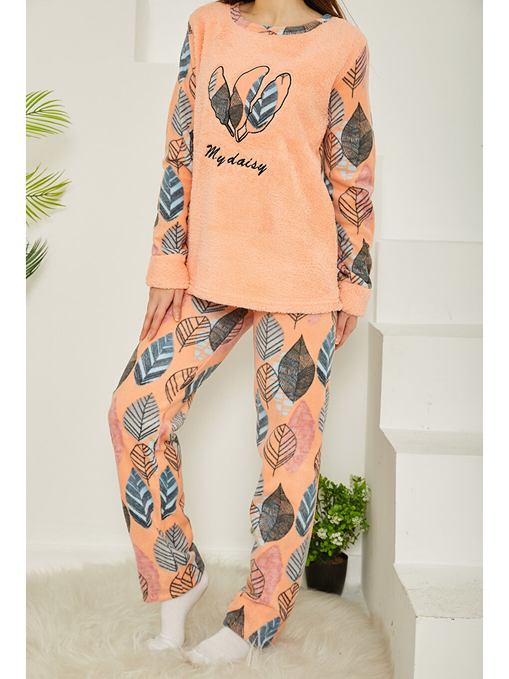 Turuncu Nakışlı Pelüş Polar Pijama Takım Yavruağzi   26781