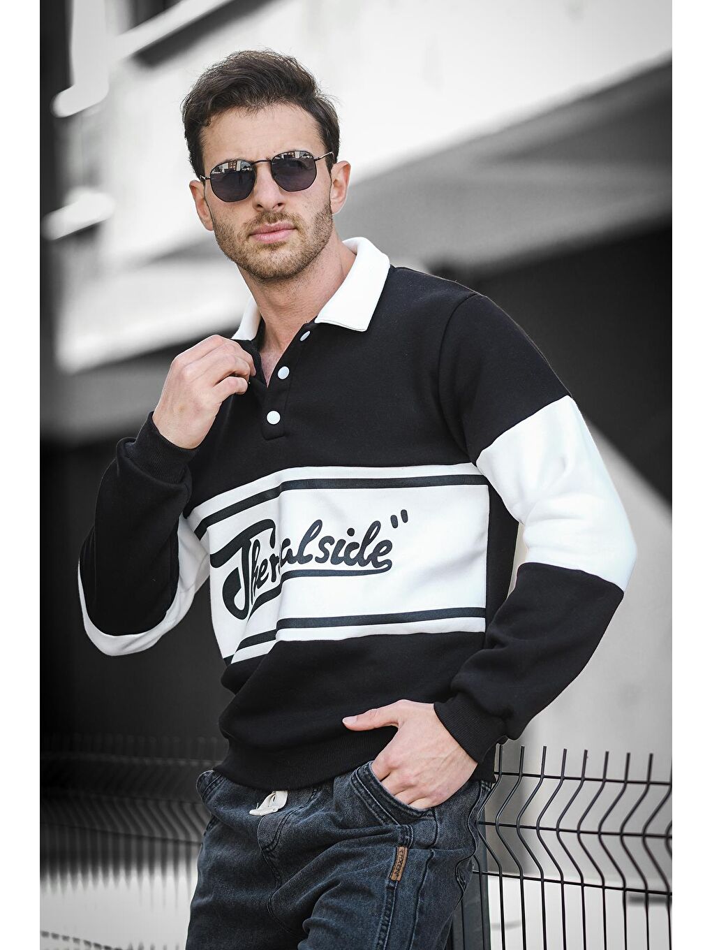 Oksit Siyah Real Side Baskılı Üç İplik Şardonlu Slim Fit Polo Yaka Erkek Sweatshirt