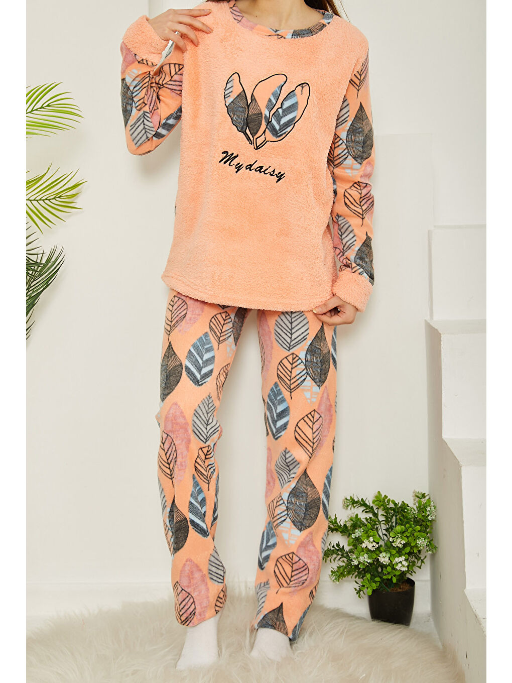 Turuncu Nakışlı Pelüş Polar Pijama Takım Yavruağzi   26781-2