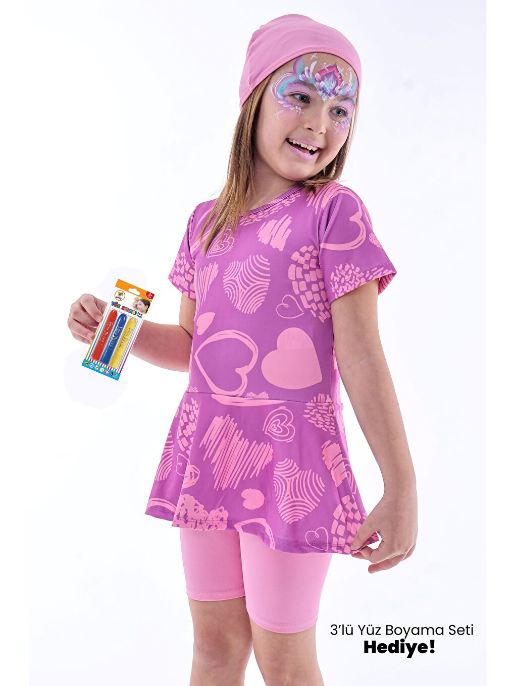 Kalp Desenli Mor Kız Çocuk Boneli Mayo Takımı