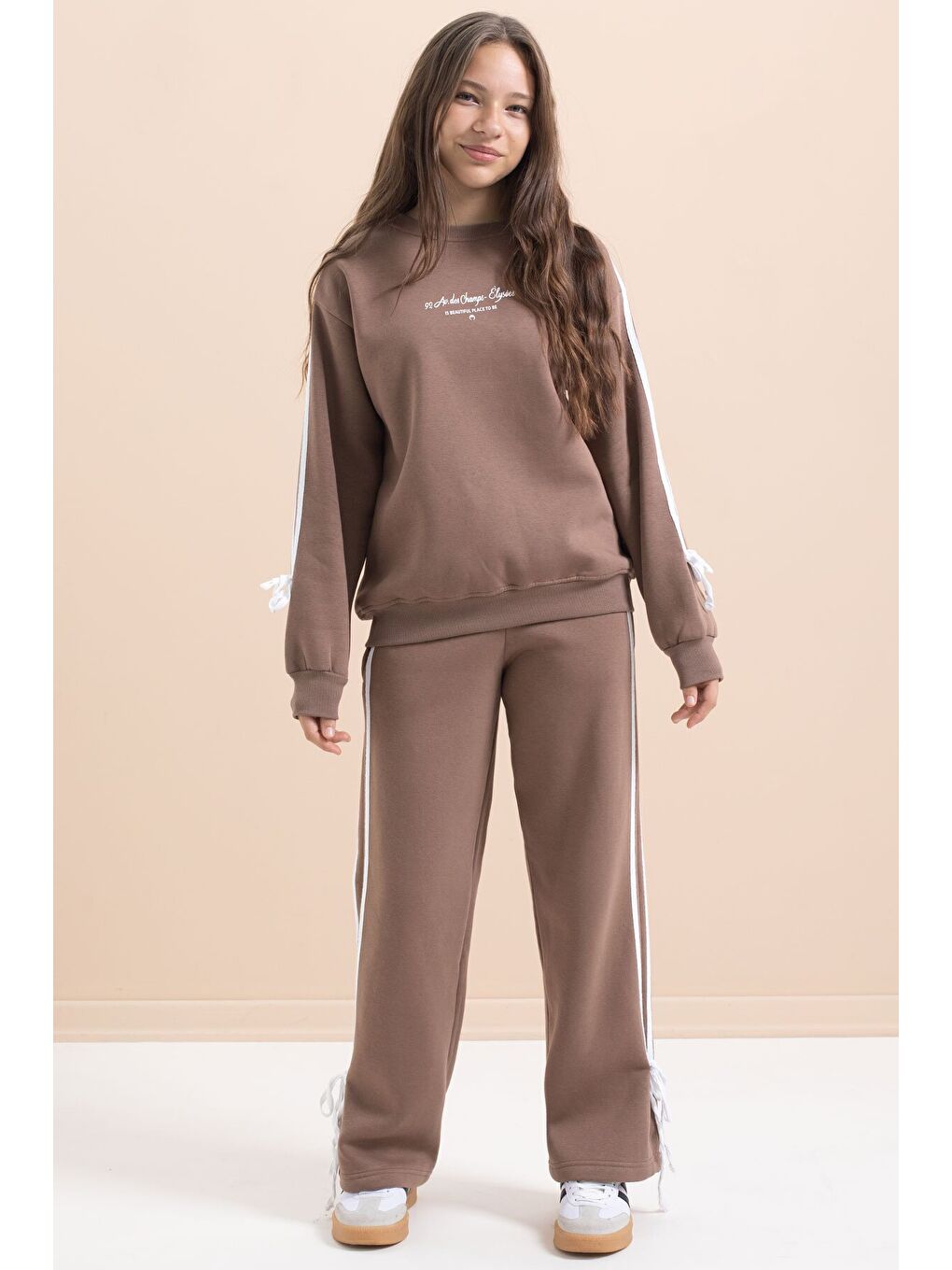 Kahverengi Kız Çocuk Şerit Detaylı 3 İplik Şardonlu Takım 21515