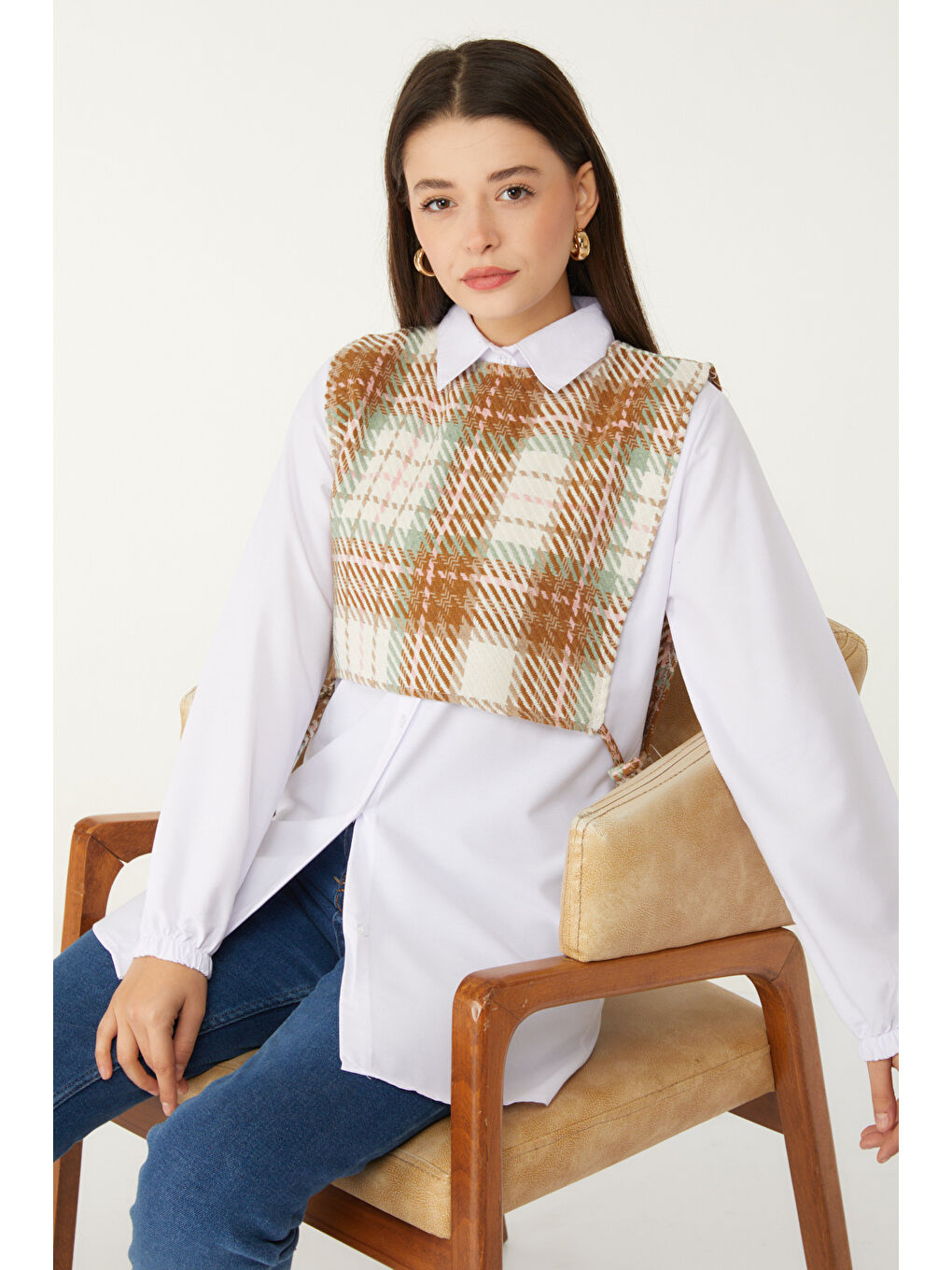 Sarı Gömlek Süveter İkili Takım Hardal - 13347