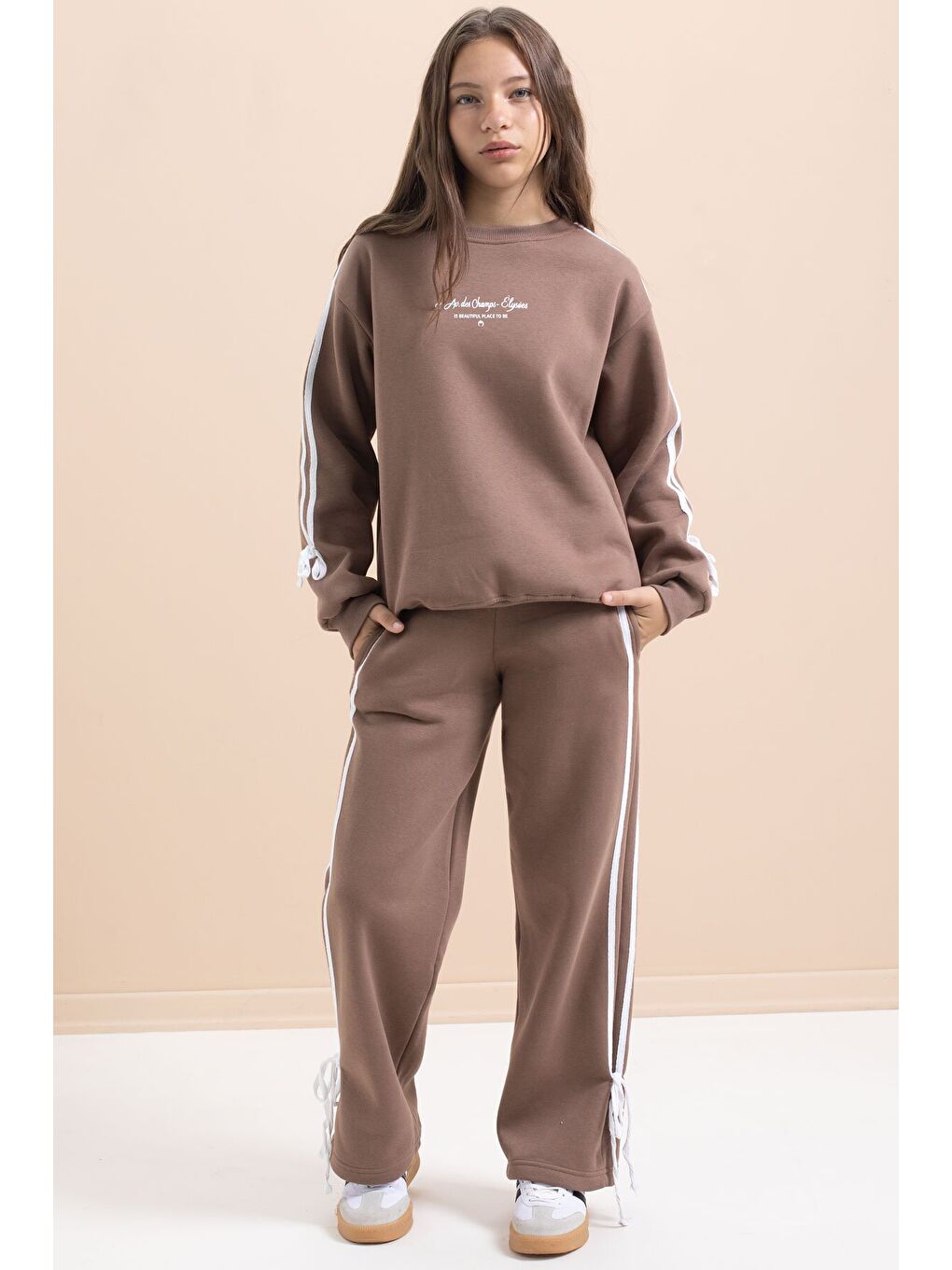 Kahverengi Kız Çocuk Şerit Detaylı 3 İplik Şardonlu Takım 21515-1