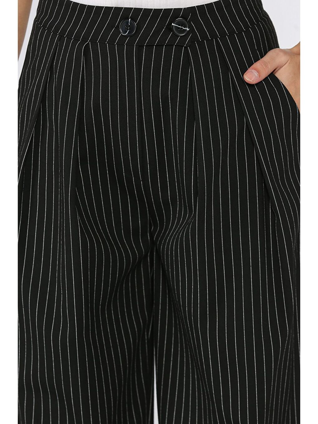Siyah Kadın Çizgili Palazzo Pantolon-3