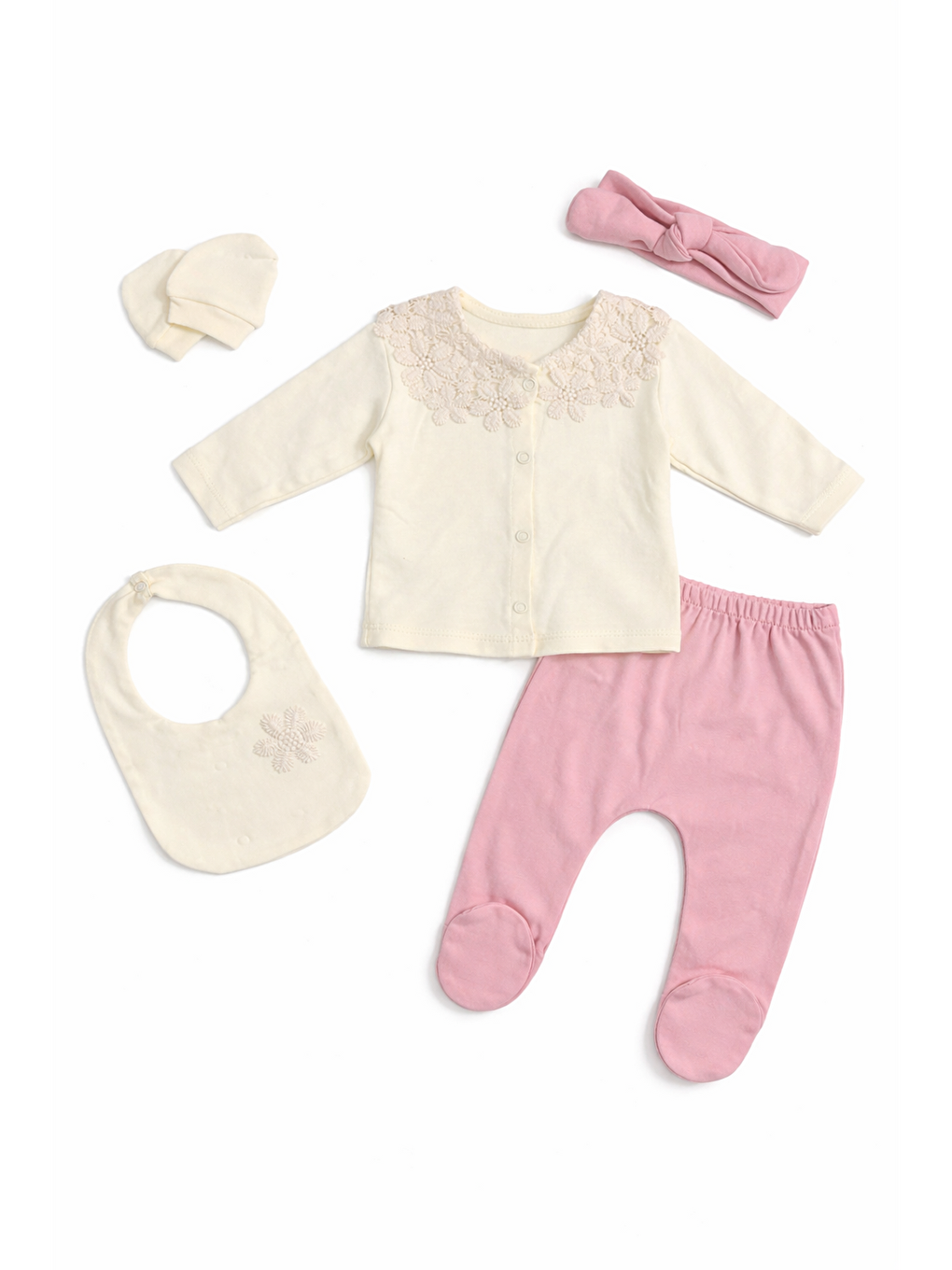 Pembe Kız Bebek Dantel Yakalı Saç Bandlı 5li Hastane Çıkış Seti Yenidoğan Kıyafeti 0-3 ay