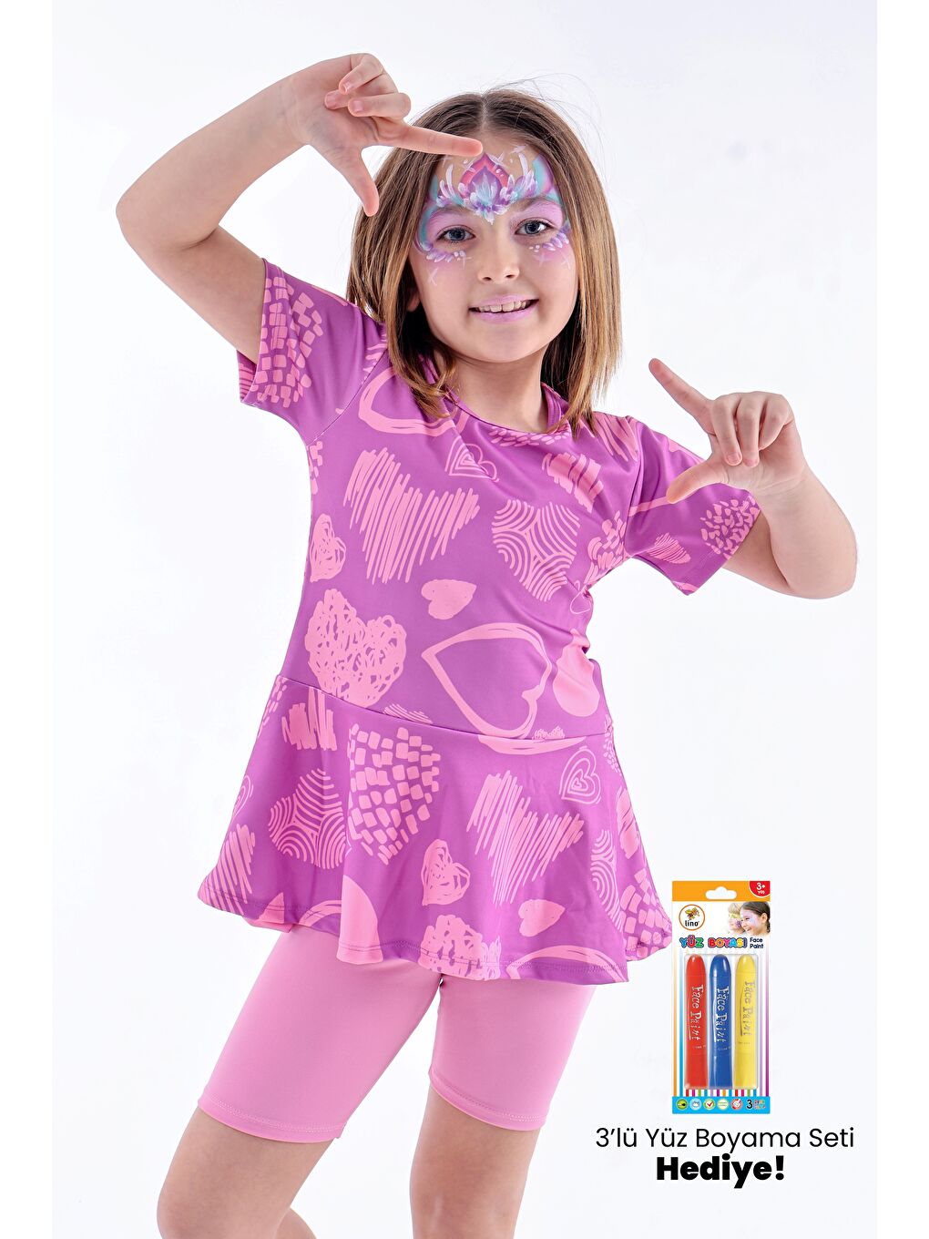 Kalp Desenli Mor Kız Çocuk Boneli Mayo Takımı-1