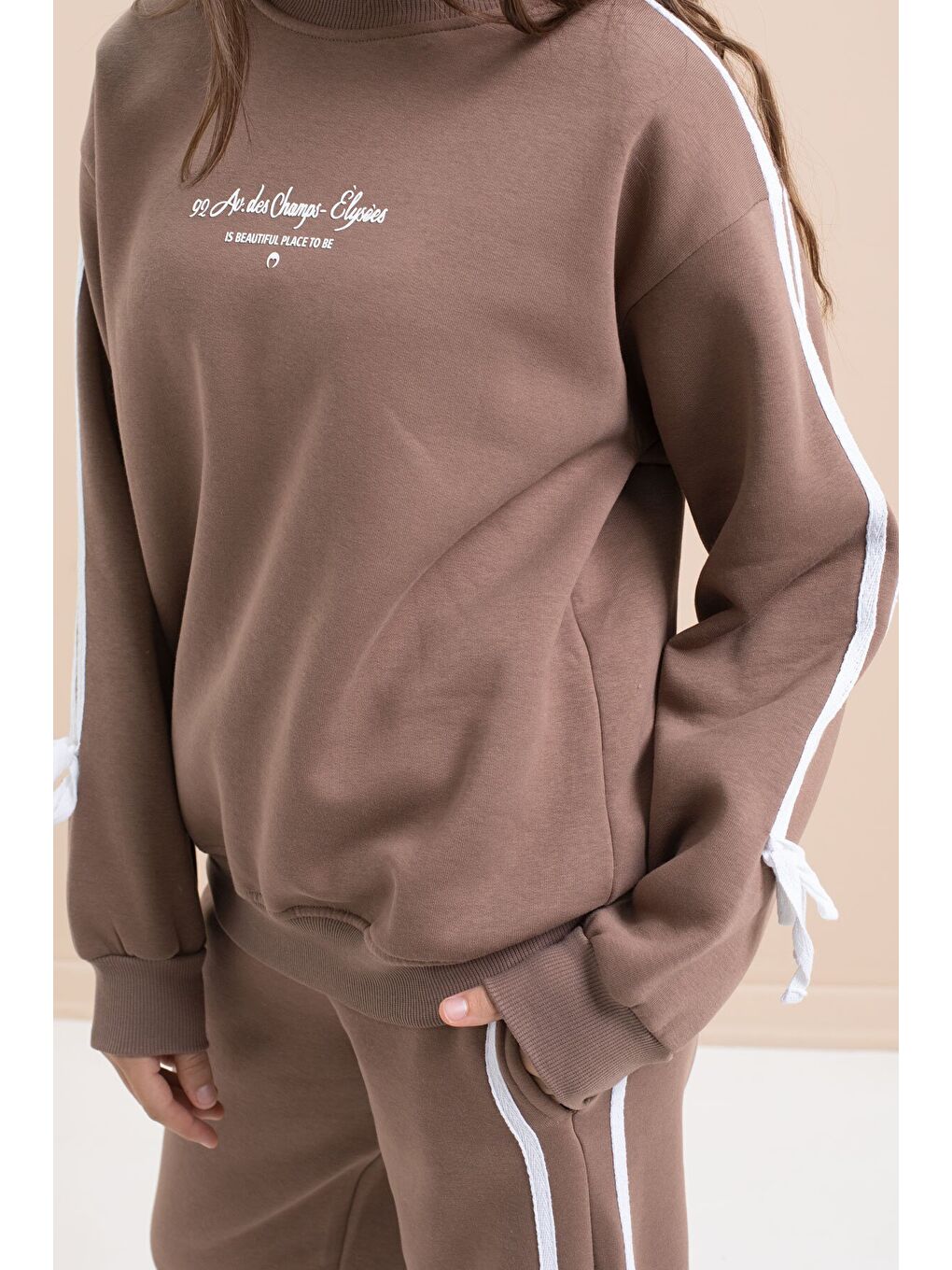 Kahverengi Kız Çocuk Şerit Detaylı 3 İplik Şardonlu Takım 21515-3