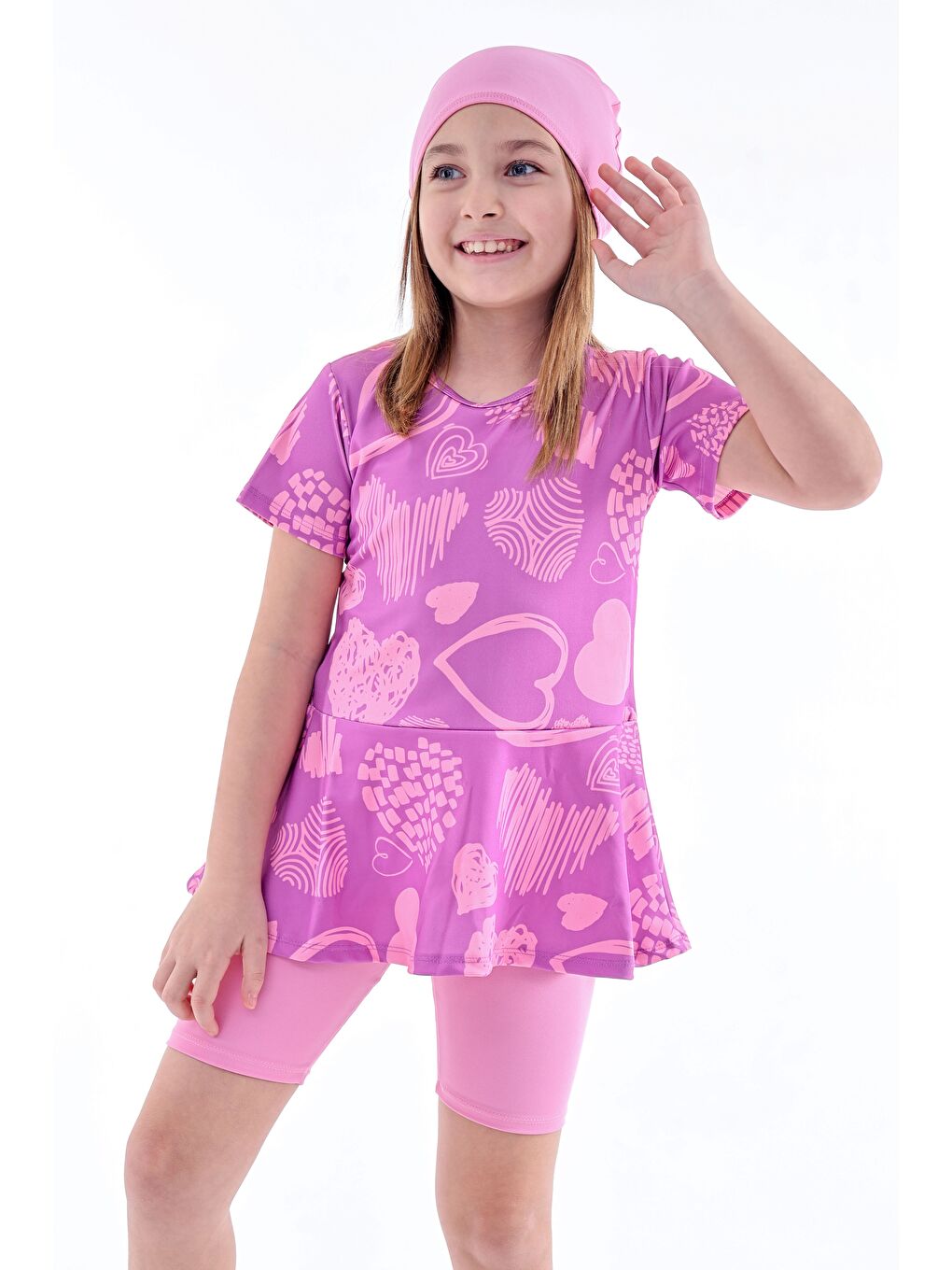 Kalp Desenli Mor Kız Çocuk Boneli Mayo Takımı-3