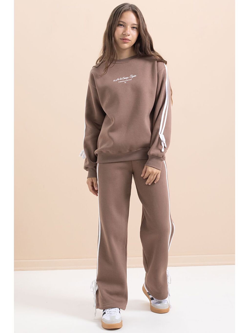 Kahverengi Kız Çocuk Şerit Detaylı 3 İplik Şardonlu Takım 21515-4