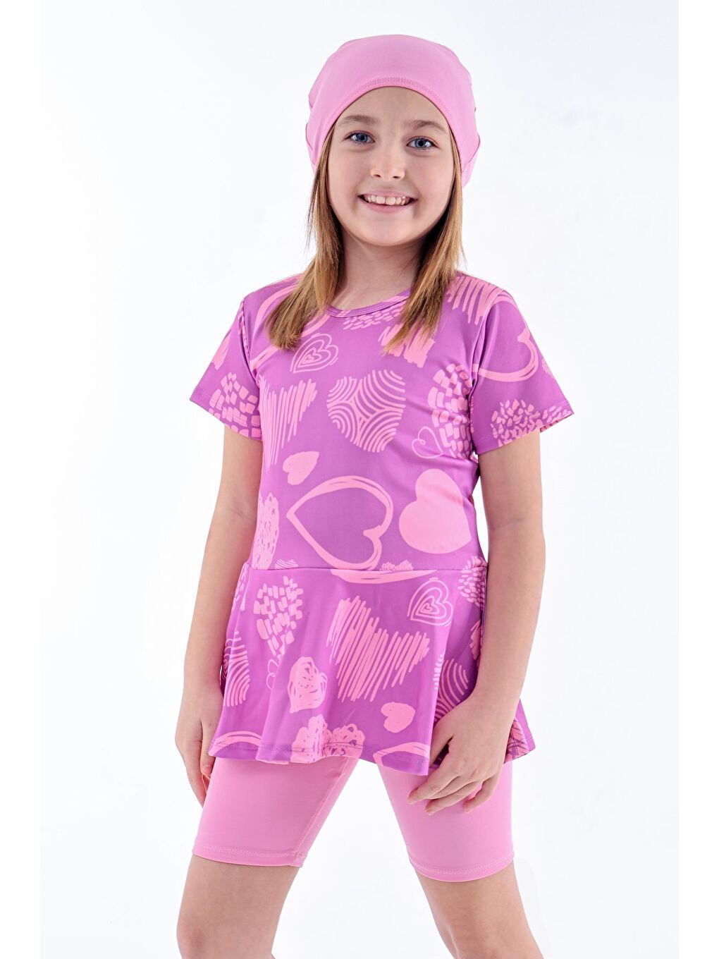 Kalp Desenli Mor Kız Çocuk Boneli Mayo Takımı-4