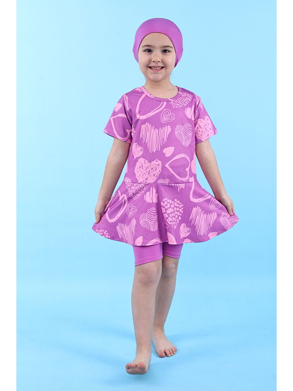 Kalp Desenli Mor Kız Çocuk Boneli Mayo Takımı-5