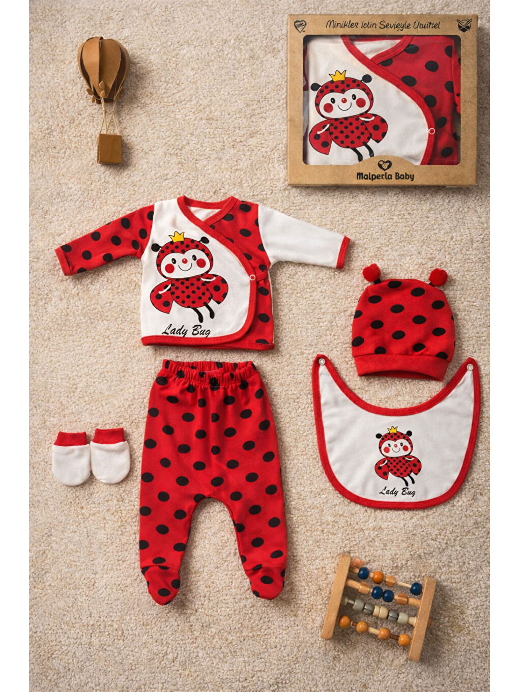 Kırmızı Uğur Böceği Temalı Organik Pamuk Yenidoğan Hastane Çıkış Seti 5 Parça Kutulu