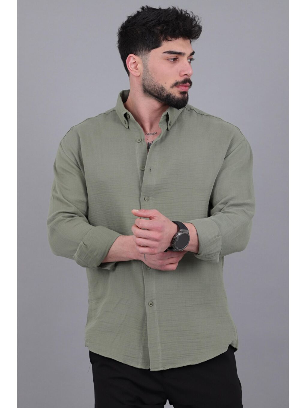 Yeşil Oversize Müslin Yazlık Uzun Kol Gömlek MRS 202_40417