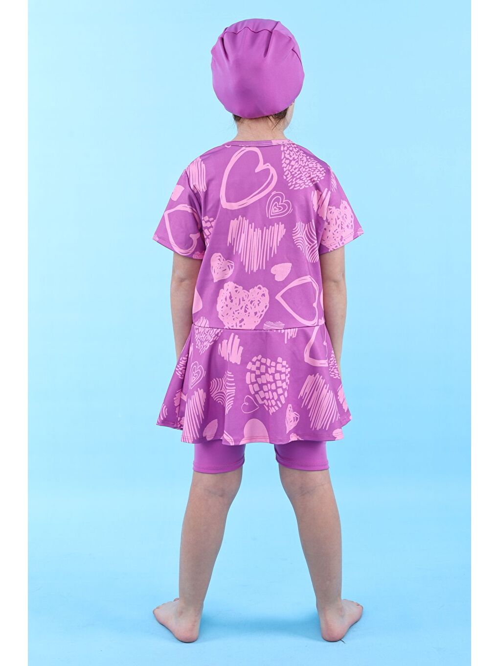 Kalp Desenli Mor Kız Çocuk Boneli Mayo Takımı-7