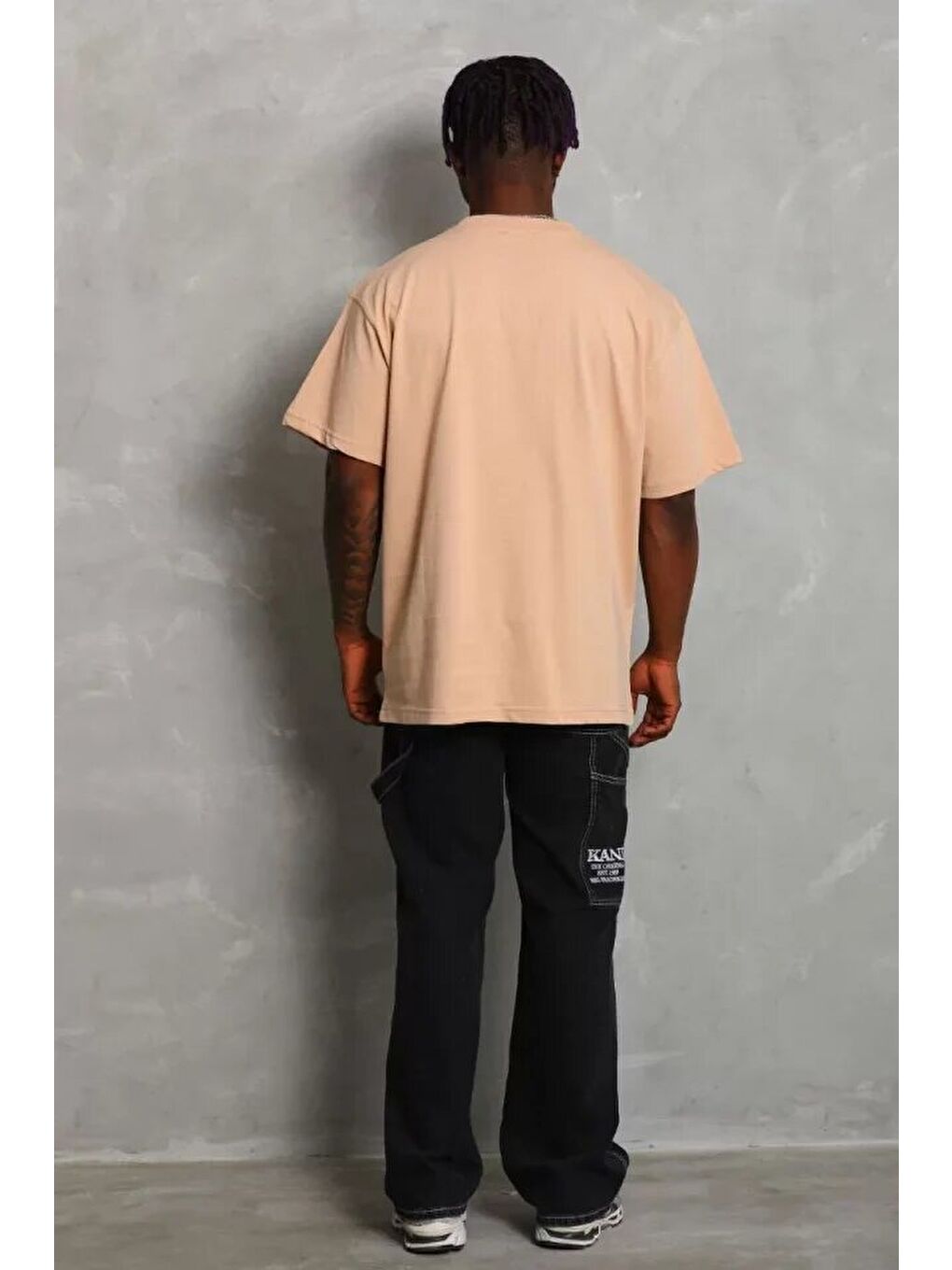 Unisex Oversize Düz Bisiklet Yaka T-Shirt - Bej-1