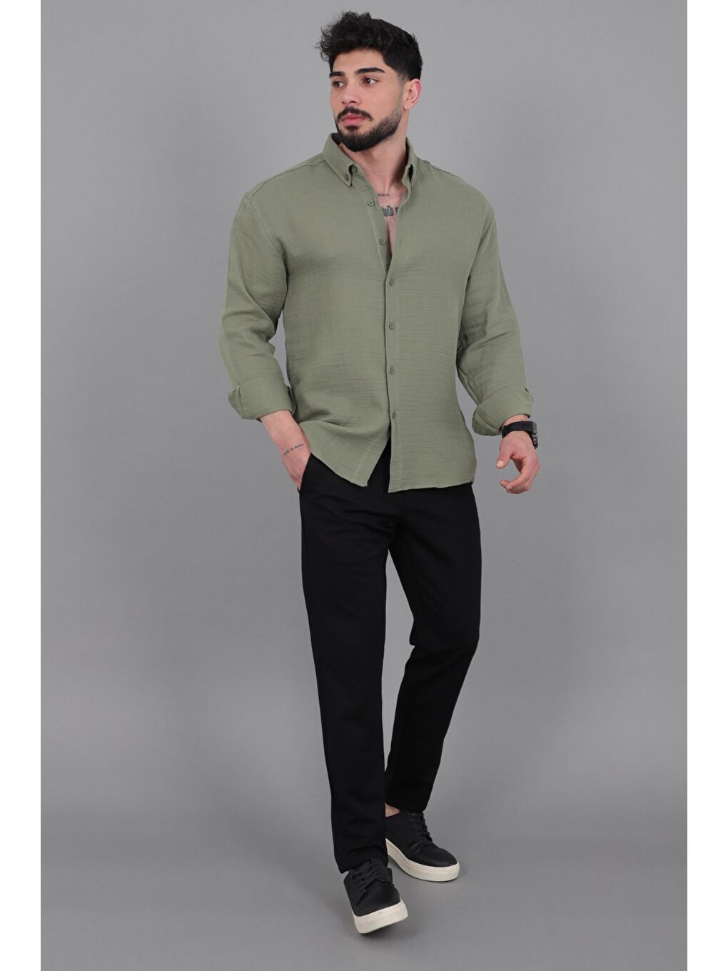 Yeşil Oversize Müslin Yazlık Uzun Kol Gömlek MRS 202_40417-1