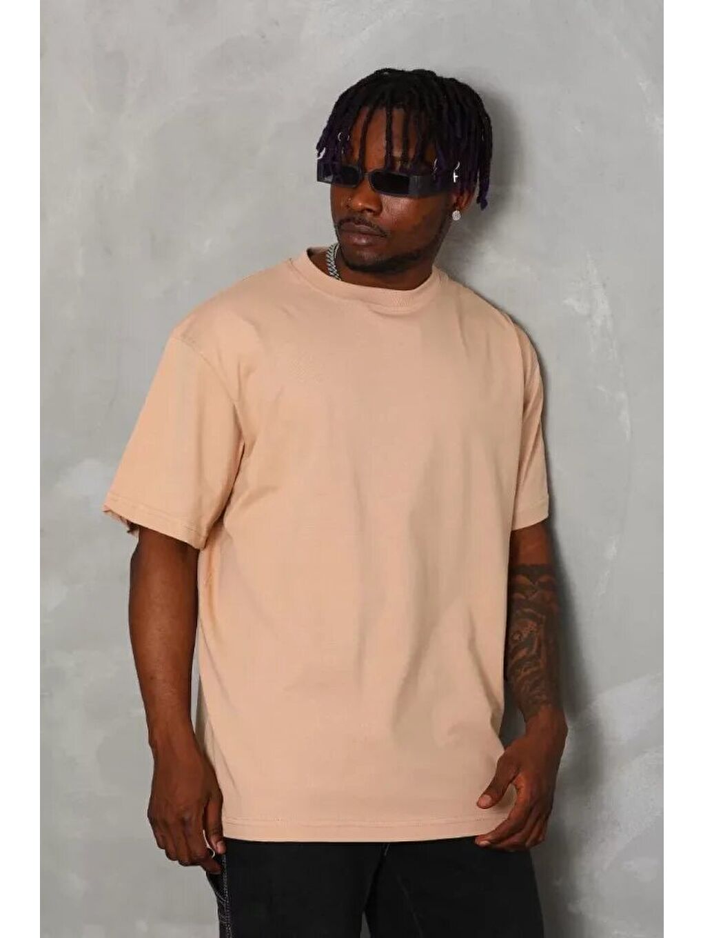 Unisex Oversize Düz Bisiklet Yaka T-Shirt - Bej-2