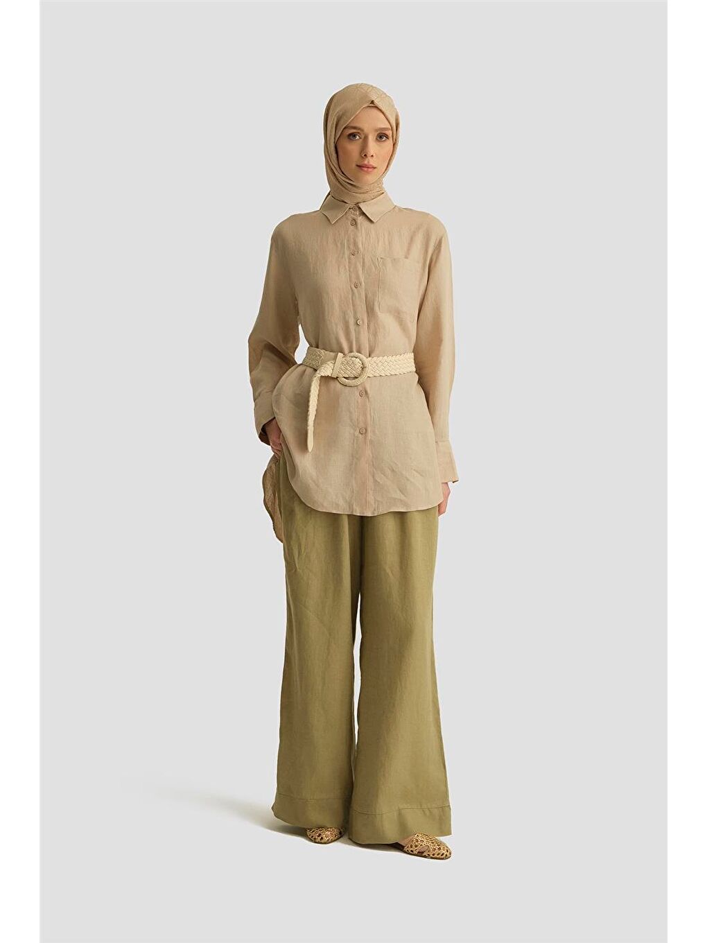 Keten Palazzo Pantolon 25Yd4231-2 Haki