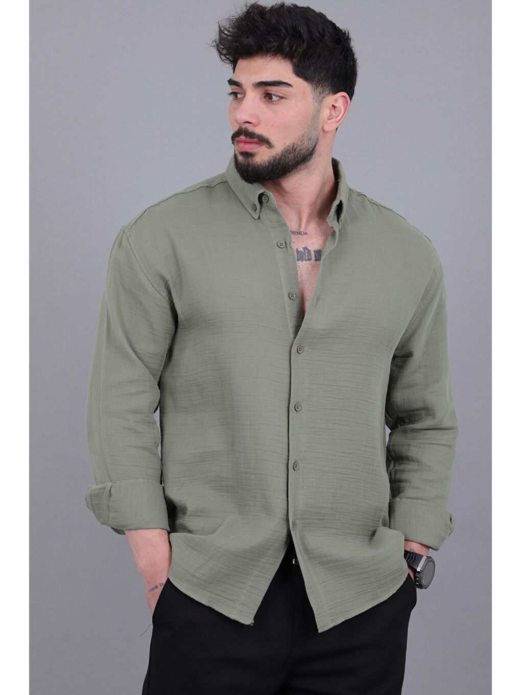 Yeşil Oversize Müslin Yazlık Uzun Kol Gömlek MRS 202_40417-2