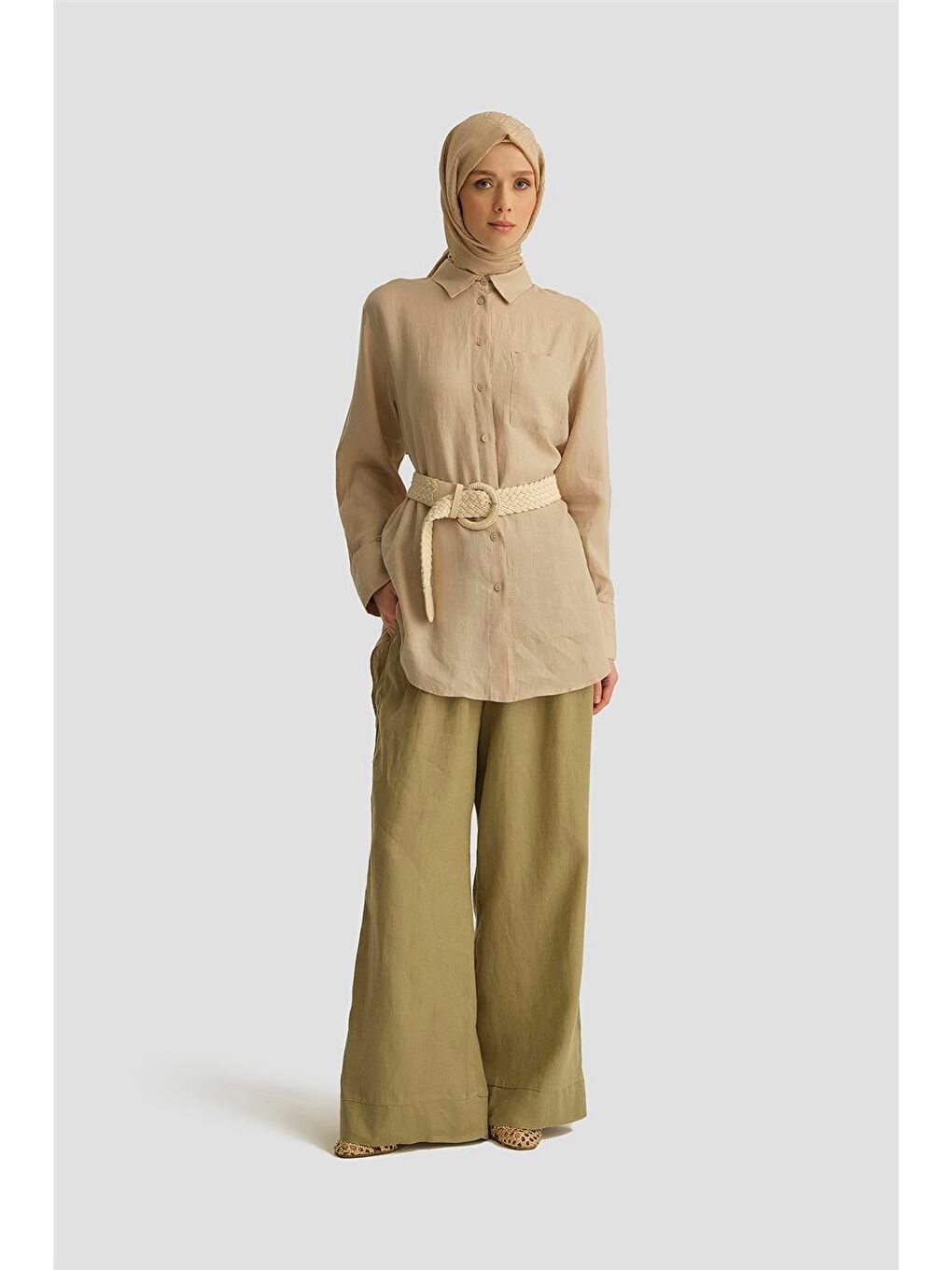 Keten Palazzo Pantolon 25Yd4231-2 Haki-1