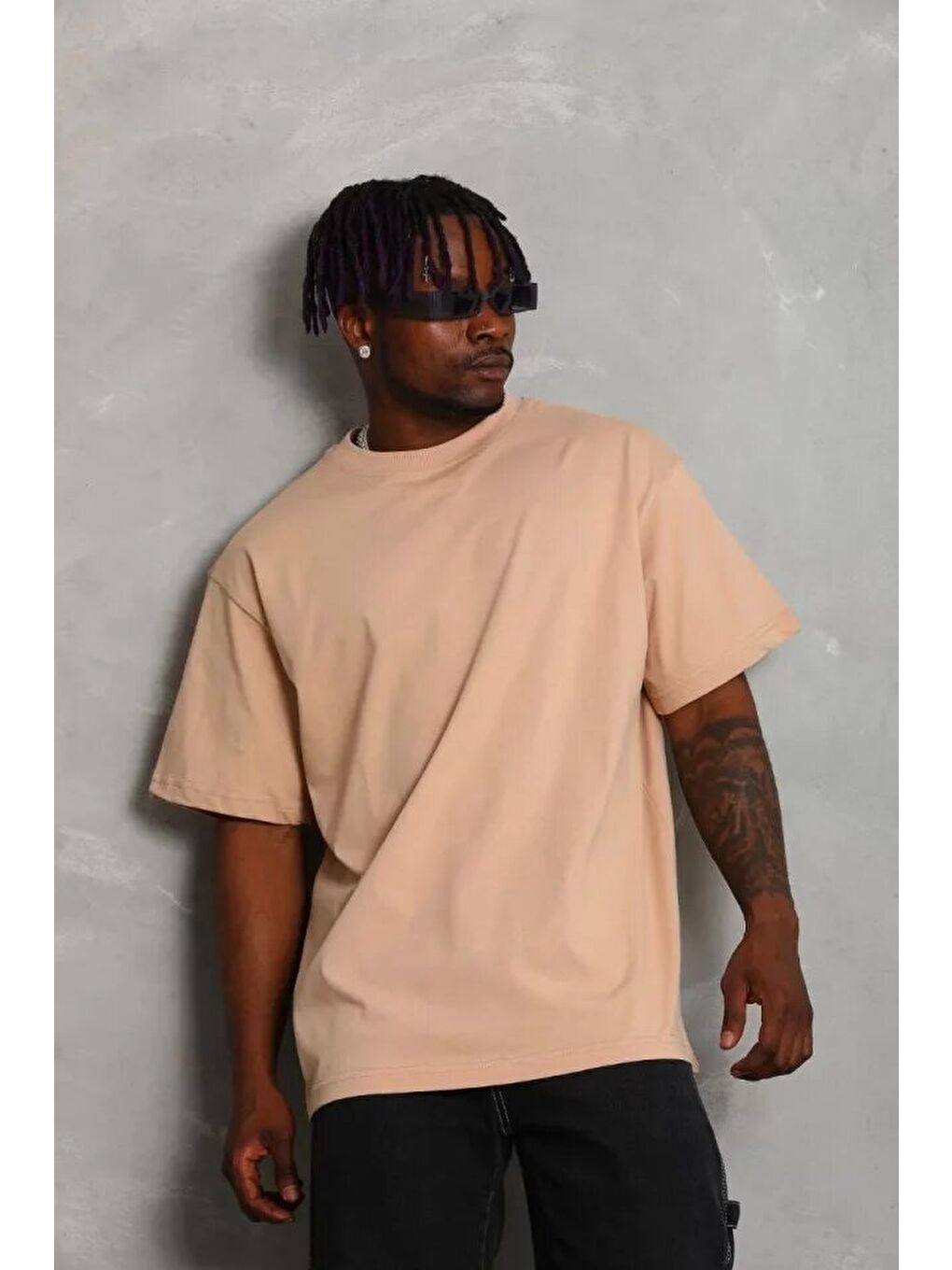 Unisex Oversize Düz Bisiklet Yaka T-Shirt - Bej-3