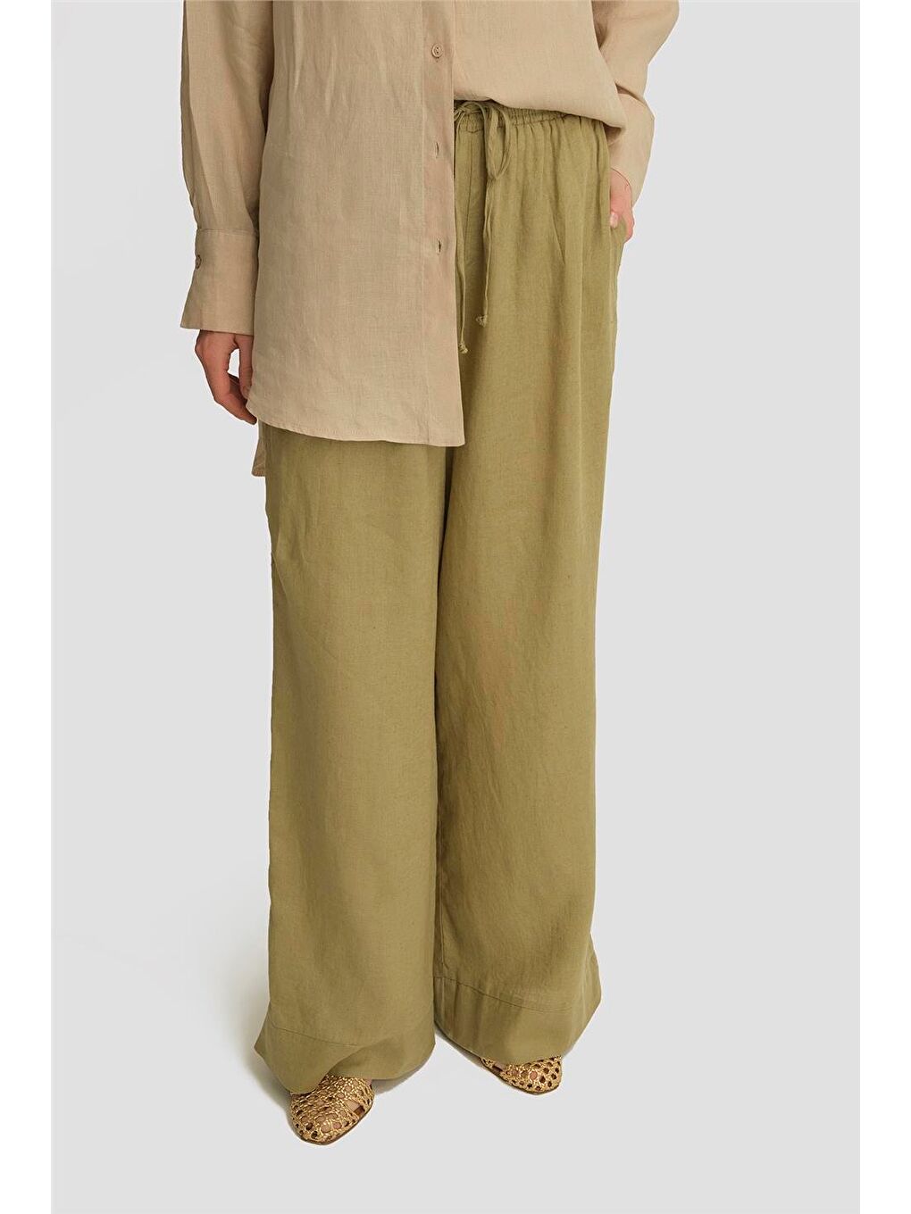 Keten Palazzo Pantolon 25Yd4231-2 Haki-2