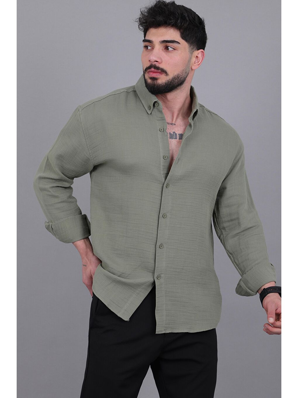 Yeşil Oversize Müslin Yazlık Uzun Kol Gömlek MRS 202_40417-3