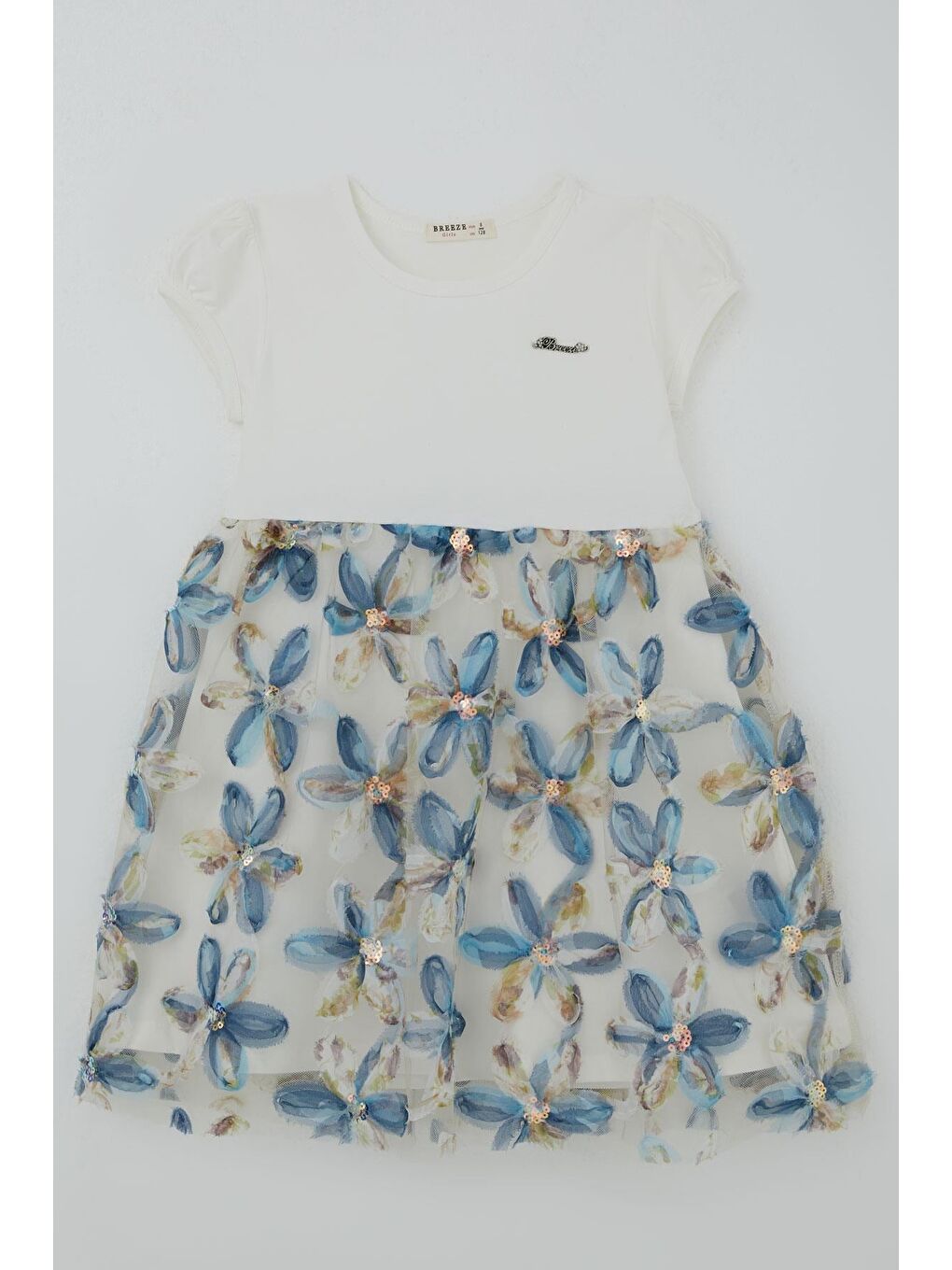 Kız Çocuk Elbise 3D Papatya Çiçek Aplikeli Pul Detaylı Ekru (4-9 Yaş)