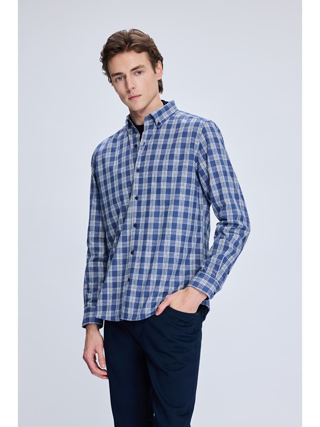 Mavi Slim Fit Kareli Düğmeli Yaka Uzun Kollu Pamuklu Gömlek-2