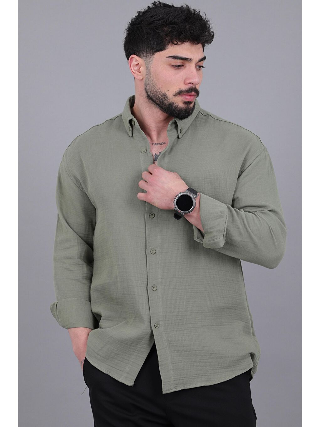 Yeşil Oversize Müslin Yazlık Uzun Kol Gömlek MRS 202_40417-4