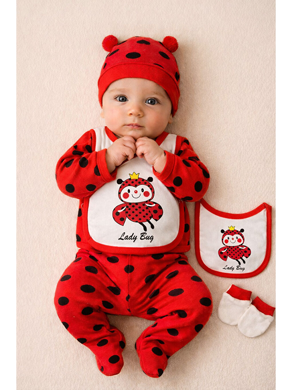 Kırmızı Uğur Böceği Temalı Organik Pamuk Yenidoğan Hastane Çıkış Seti 5 Parça Kutulu-2