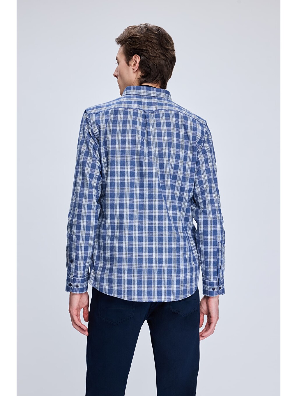 Mavi Slim Fit Kareli Düğmeli Yaka Uzun Kollu Pamuklu Gömlek-4