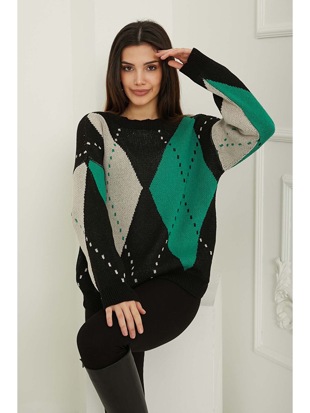 Mor Kadın Bisiklet Yaka Baklava Desen Triko Kazak Yesil-krem - 26599-1