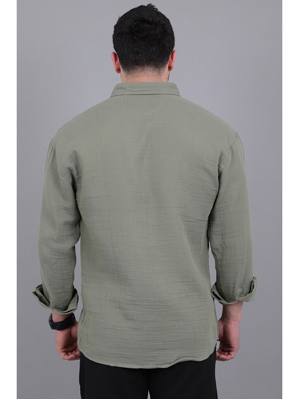 Yeşil Oversize Müslin Yazlık Uzun Kol Gömlek MRS 202_40417-5