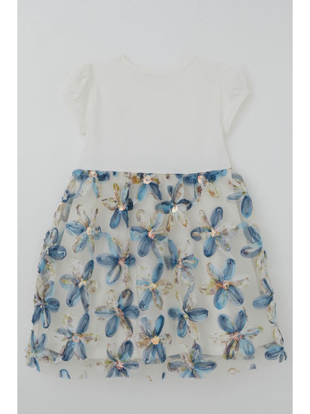 Kız Çocuk Elbise 3D Papatya Çiçek Aplikeli Pul Detaylı Ekru (4-9 Yaş)-1