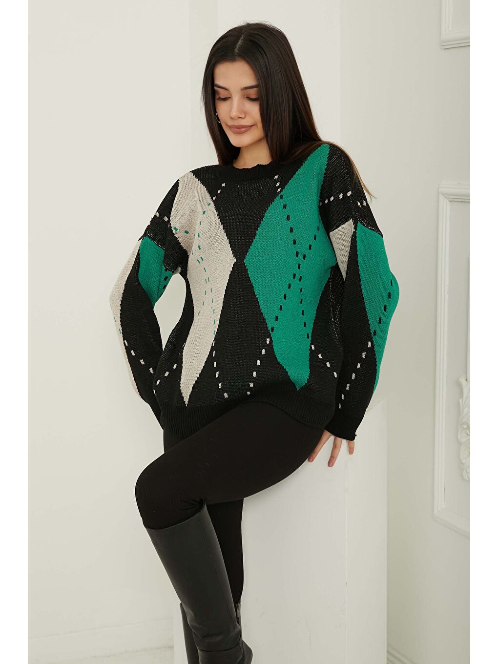 Mor Kadın Bisiklet Yaka Baklava Desen Triko Kazak Yesil-krem - 26599-2