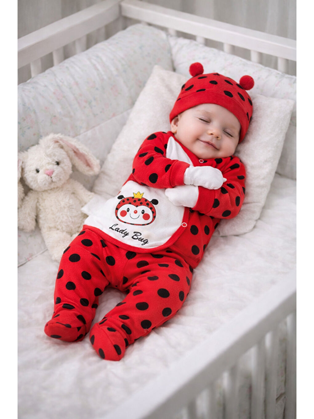 Kırmızı Uğur Böceği Temalı Organik Pamuk Yenidoğan Hastane Çıkış Seti 5 Parça Kutulu-3