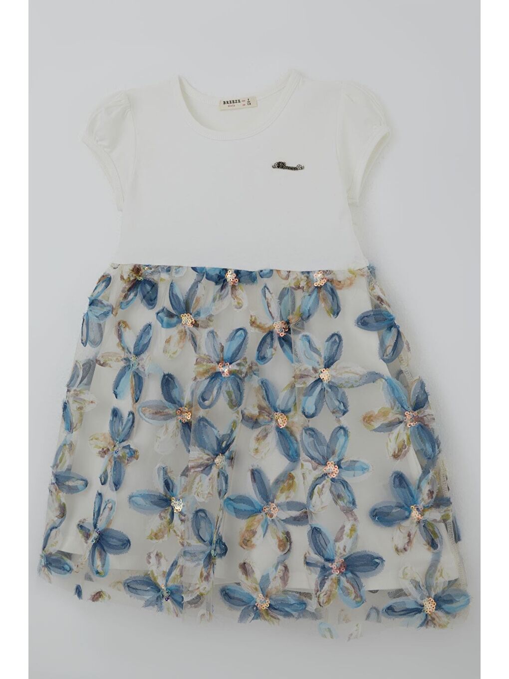 Kız Çocuk Elbise 3D Papatya Çiçek Aplikeli Pul Detaylı Ekru (4-9 Yaş)-2
