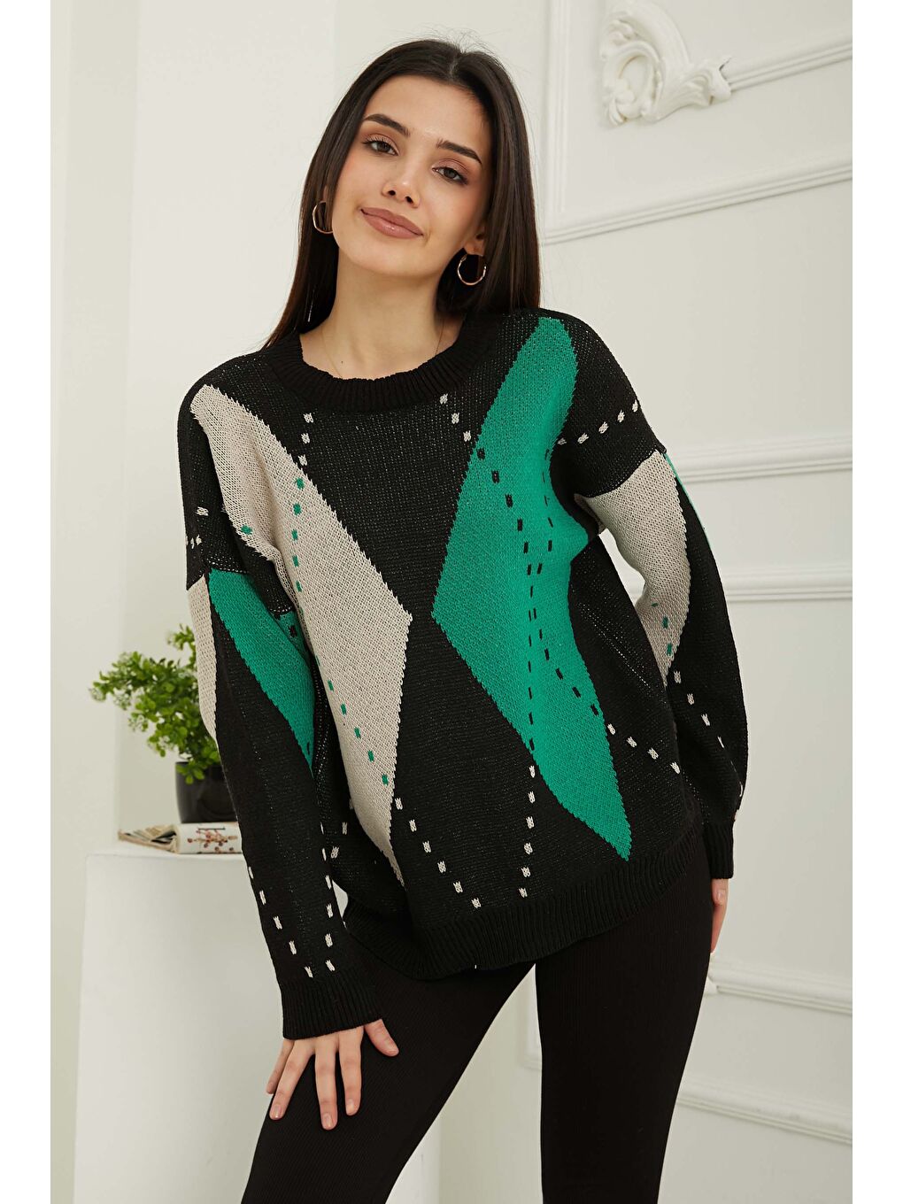 Mor Kadın Bisiklet Yaka Baklava Desen Triko Kazak Yesil-krem - 26599-3