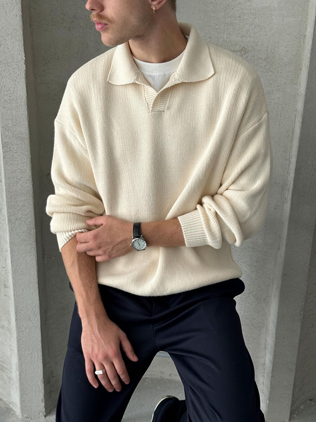 Ekru Erkek Polo Yaka Örme Oversize Kazak