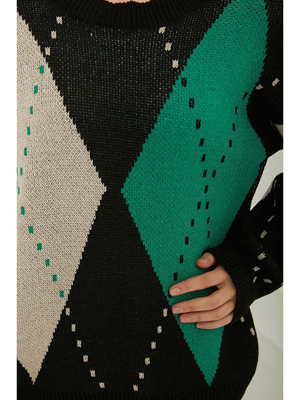 Mor Kadın Bisiklet Yaka Baklava Desen Triko Kazak Yesil-krem - 26599-4