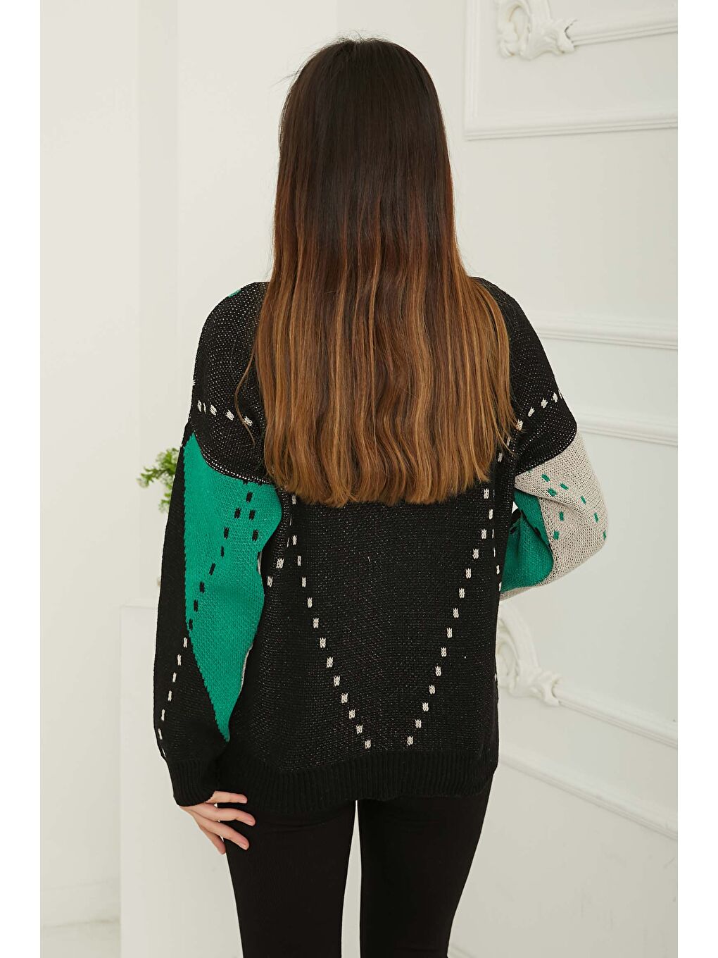 Mor Kadın Bisiklet Yaka Baklava Desen Triko Kazak Yesil-krem - 26599-5