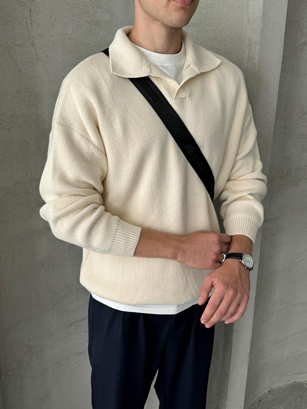 Ekru Erkek Polo Yaka Örme Oversize Kazak-1